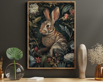 Vintage Rabbit and Flowers Canvas Print: Cottagecore Wall Art