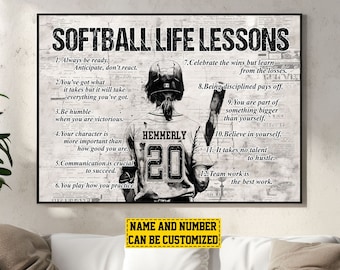 Softball Life Lessons Personalized Canvas Print, Baseball Poster Print, Softball Gift For Girl Daughter