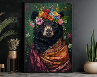 Floral Black Bear Canvas Print: Wild Animal Wall Art