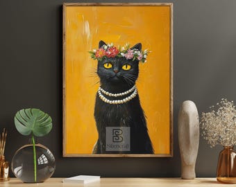 Black Cat Flower Crown Canvas Print: Elegant Feline Wall Art