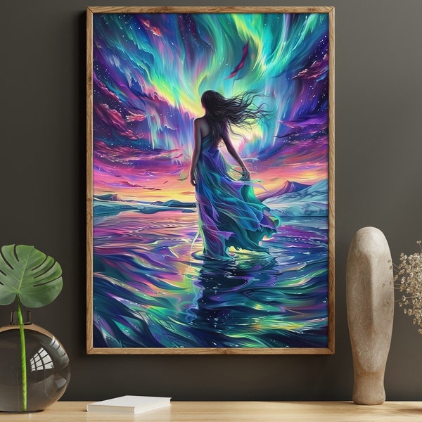 Beautiful Woman In Northern Light Oil Painting, Aurora Woman Print, Peaceful Woman Canvas Print, Aurora Poster Print