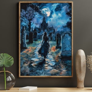 Young Witch In Moonlight Cemetery Oil Painting, Witch Print, Witchy Canvas Print, Halloween Wall Art, Witch Poster Print