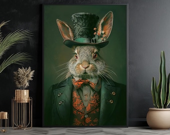 May include: A rabbit wearing a green and black top hat with a floral embellishment, a green suit with an orange floral pattern, and a bow tie. The rabbit has brown fur and a serious expression.
