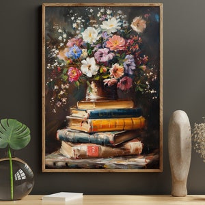 Pintura al óleo de jarrón con flores vintage y libros, impresión de jarrón con flores, lienzo con flores de campo, póster de flores, arte mural con flores