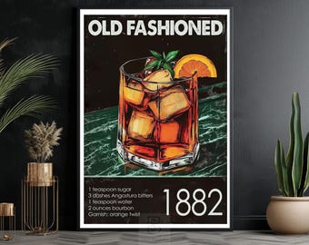 Old Fashioned 1882 Drink Canvas Print, Alcohol Poster Print, Bar Wall Art Decor