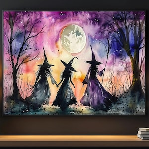 Three Dreamy Witches Under Moon Light Painting, Witch Print, Witchy Canvas Print, Halloween Wall Art, Halloween Decor, Witch Poster