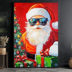 Funny Santa Portrait Painting, Warm Santa Canvas, Cottage Santa Claus Poster Print, Christmas Wall Art, Cozy Christmas Decor
