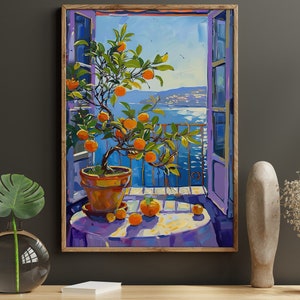 May include: A painting of a potted orange tree in front of an open window with a view of the sea. The tree is in a terracotta pot and the window is purple. The painting is framed in wood.