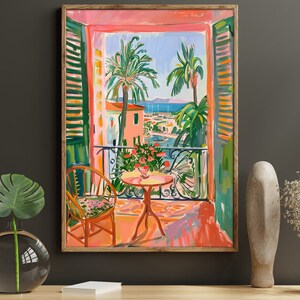 May include: A painting depicting a balcony overlooking a harbour with a view of boats and palm trees. The balcony features a wrought iron railing and a small table with a vase of flowers. A chair is positioned on the balcony.