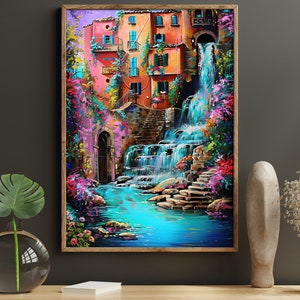 Beautiful Waterfall Oil Painting, Landscape Print, Forest Canvas Print, Landscape Wall Art, Nature Print