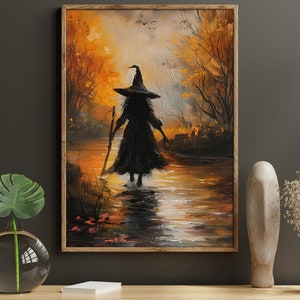 Vintage Witch Walking Through The Forest Painting, Cottage Witch Print, Witchy Canvas Print, Halloween Wall Art, Witch Poster