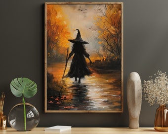 Vintage Witch in Forest Painting: Halloween Canvas Art