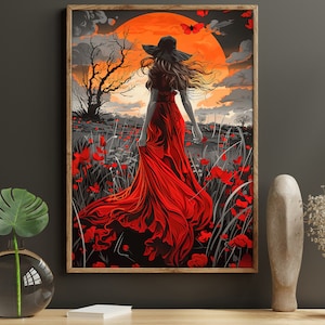 Pintura al óleo de mujer mítica con vestido rojo, estampado de mujer roja, estampado de lienzo de mujer oscura, póster de flores oscuras