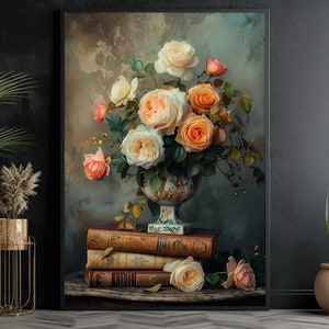 Vintage Flowers Vase And Books Painting, Flowers Vase Print, Cottage Flowers Canvas, Flowers Poster, Flowers Wall Art