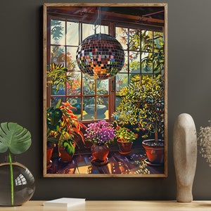 May include: A framed painting of a sunlit greenhouse with a disco ball hanging from the ceiling.  The greenhouse is filled with lush green plants and flowers in terracotta pots.