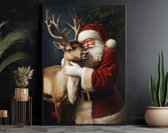 Vintage Santa and Reindeer Christmas Canvas Print: Holiday Wall Art