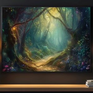 May include: A digital painting of a magical forest path with lush green foliage, sunlight filtering through the trees, and a winding path leading into the distance.