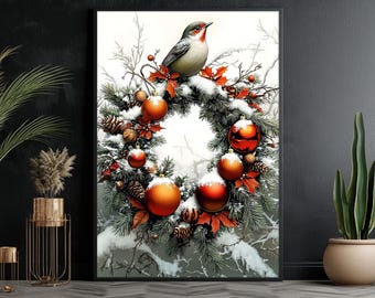 Christmas Wreath Canvas Painting: Winter Holiday Wall Art