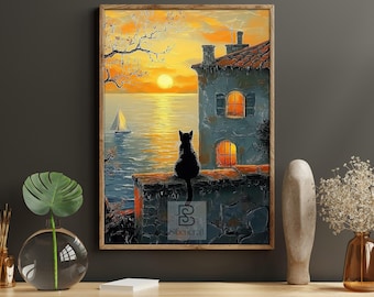 Black Cat Sunset Canvas Print, Romantic Coastal Poster, Cat Watching Sea Wall Art