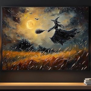 Countryside Witch In The Field Painting, Cottage Witch Flying Print, Witchy Canvas Print, Halloween Wall Art, Halloween Decor, Witch Poster