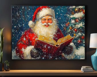 Vintage Santa Reading Book Canvas Print: Cozy Christmas Wall Art