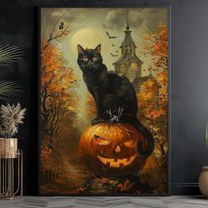 May include: A black cat sits atop a large orange jack-o'-lantern with a spooky face. The cat is perched on a branch in front of a dark, mysterious house with a pointed roof. The scene is set against a backdrop of fall foliage and a full moon.