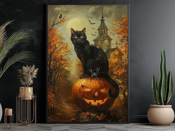 Vintage Halloween Canvas Print: Black Cat and Pumpkin Wall Art