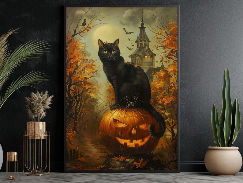 May include: A black cat sits atop a large orange jack-o'-lantern with a spooky face. The cat is perched on a branch in front of a dark, mysterious house with a pointed roof. The scene is set against a backdrop of fall foliage and a full moon.