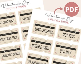 Regalo de San Valentín Cupones de amor imprimibles PDF Cupones de regalo de San Valentín Entradas descargables Libro de cupones para él para ella