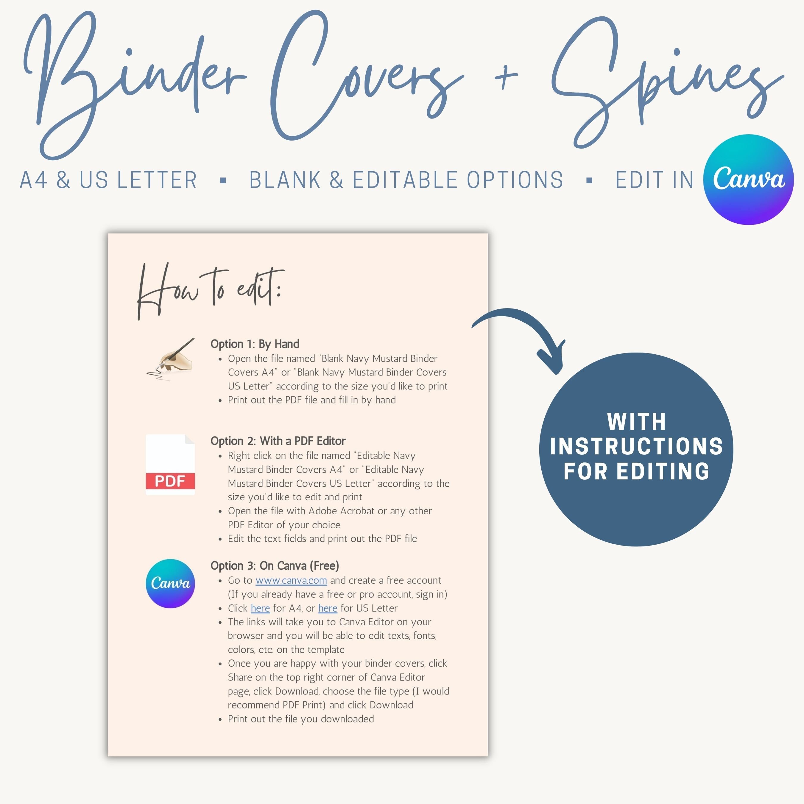 Binder Cover & Spine Set Navy Mustard Editable Binder Cover Printable