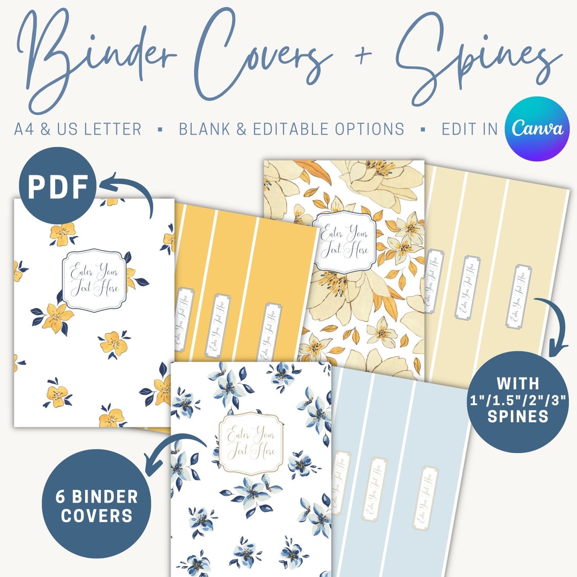 Binder Cover & Spine Set Navy Mustard Editable Binder Cover Printable