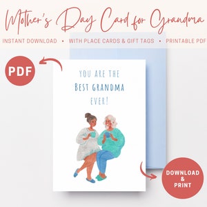 Tarjeta Imprimible del Día de la Madre para la Abuela / Flores Azules Tarjeta de Felicitación del Día de la Madre de la Abuela con Etiquetas de Regalo y Tarjetas de Lugar en formato PDF