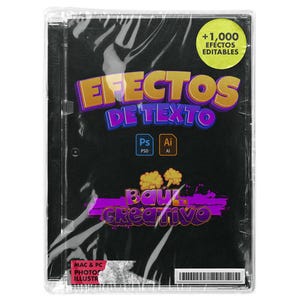 May include: A black graphic design product with the words "EFECTOS DE TEXTO" in yellow and purple. The product includes the text "+1,000 EFECTOS EDITABLES" and the logos for Photoshop and Illustrator. The product is wrapped in clear plastic.
