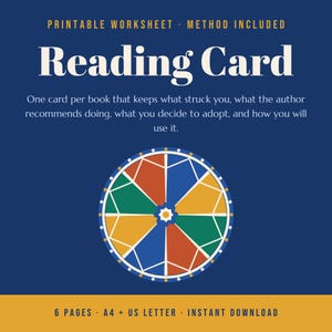Könnte beinhalten: Ein druckbares Lese-Arbeitsblatt auf dunkelblauem Hintergrund mit weißem Text Reading Card, One card per book that keeps what struck you, what the author recommends doing, what you decide to adopt, and how you will use it. Enthält ein kreisförmiges, mehrfarbiges geometrisches Design und den Text 6 pages A4 + US letter instant download.