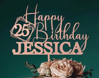 Topper per torta di compleanno personalizzato per il 25° compleanno, decorazioni per il 25° compleanno, topper per torta di compleanno personalizzato, bomboniere per il 25° compleanno