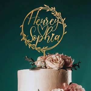 Bruiloft gepersonaliseerde cake topper krans, aangepaste script cake toppers voor bruiloft, rustieke bruidstaart topper, aangepaste cake topper Metalic Gold