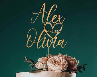 Topper de pastel de boda personalizado con fecha y corazón, topper de pastel de guión de parejas personalizado para bodas, topper de pastel rústico