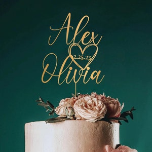 Personalized Wedding Cake Topper with date and heart, Custom Couples Script Cake Topper for Weddings, Rustic cake topper Metalic Gold