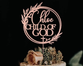 Personalized Wood Baptism Cake Topper: Floral Wreath Christening Decor