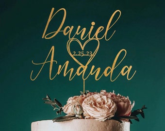 Topper per torta nuziale rustico personalizzato con data e cuore, Topper per torta con scritta personalizzata per coppie per matrimoni, Topper per torta rustico