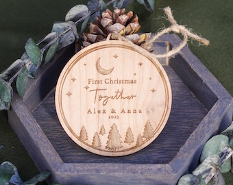 Personalized Couples Christmas Ornament: Engraved Alder Wood, First Christmas