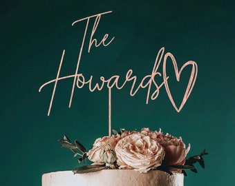 Rustic Personalized Heart Wedding Cake Topper, Custom Script Cake Topper for Wedding, Mr and Mrs Cake Toppers, Last Name Topper