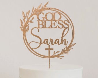 Personalized Baptism Cake Topper with Wreath and Cross, Custom Christening Cake Topper, Floral God Bless Cake Topper, First Communion Topper