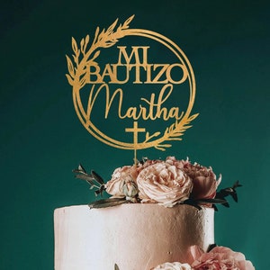 Mi Bautizo Personalized Cake Topper with Wreath, Custom Christening Cake Topper, Floral God Bless Cake Topper, First Communion Topper