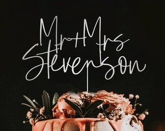 Personalized Mr and Mrs Wedding Cake Topper, Custom Cake Topper for Wedding Couples, Rustic cake topper, Personalized Script Wedding Topper