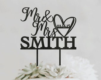 Personalized Mr and Mrs Wedding Cake Topper, Custom Wedding Cake Topper with Date and Heart, Anniversary Cake Topper