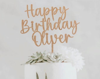 Personalized Birthday Cake Topper: Cursive Wooden Script
