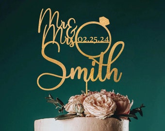 Mr & Mrs Wedding Cake Topper avec anneau et date, Cake Topper personnalisé pour mariage avec date et anneau, Custom Wedding Gift Cake Topper