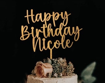 Personalized Gold Cursive Birthday Cake Topper: Wooden Celebration Decor