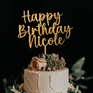 Personalized Gold Cursive Birthday Cake Topper: Wooden Celebration Decor